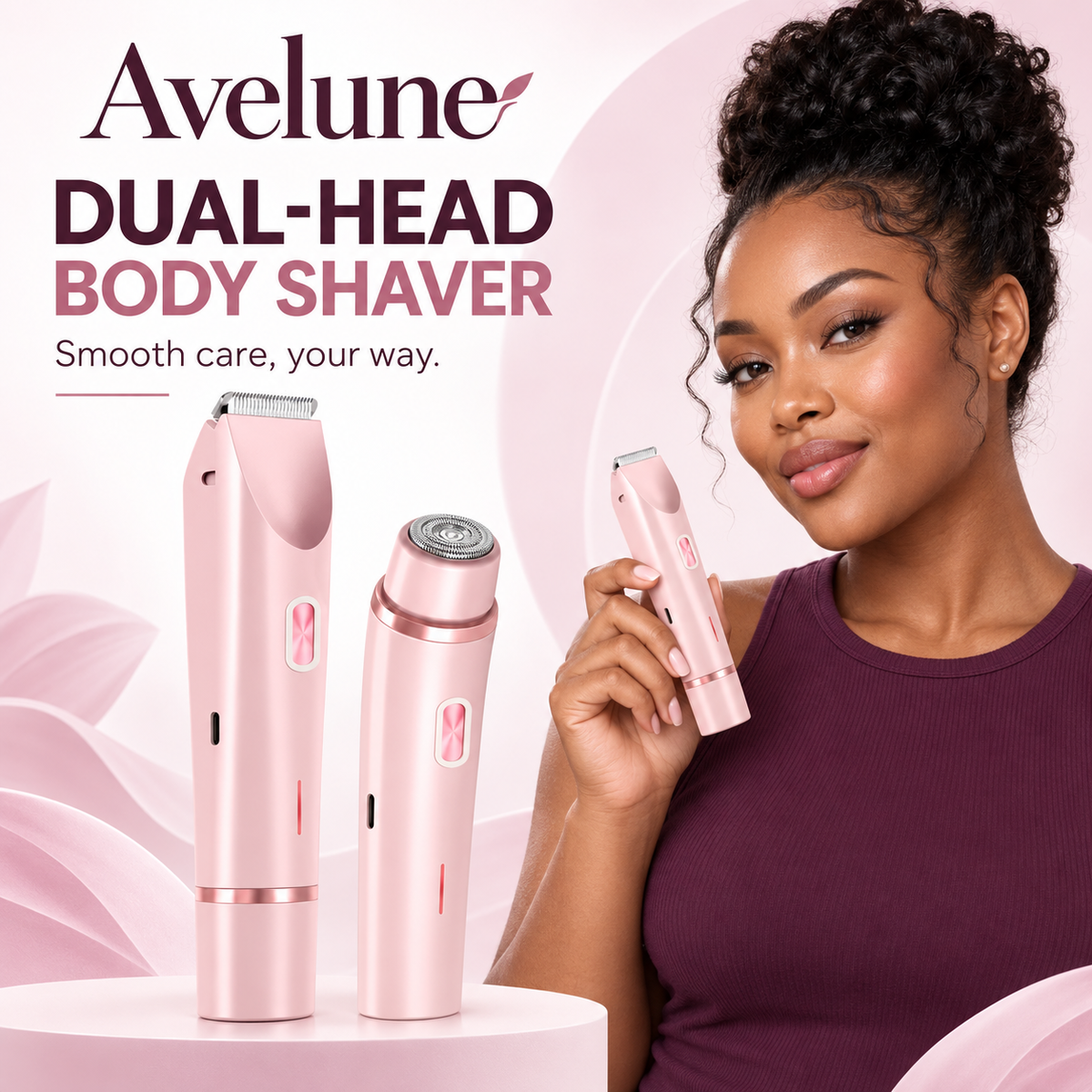 The Avelune dual-head body shaver shown with its flat trimmer head and rotary head