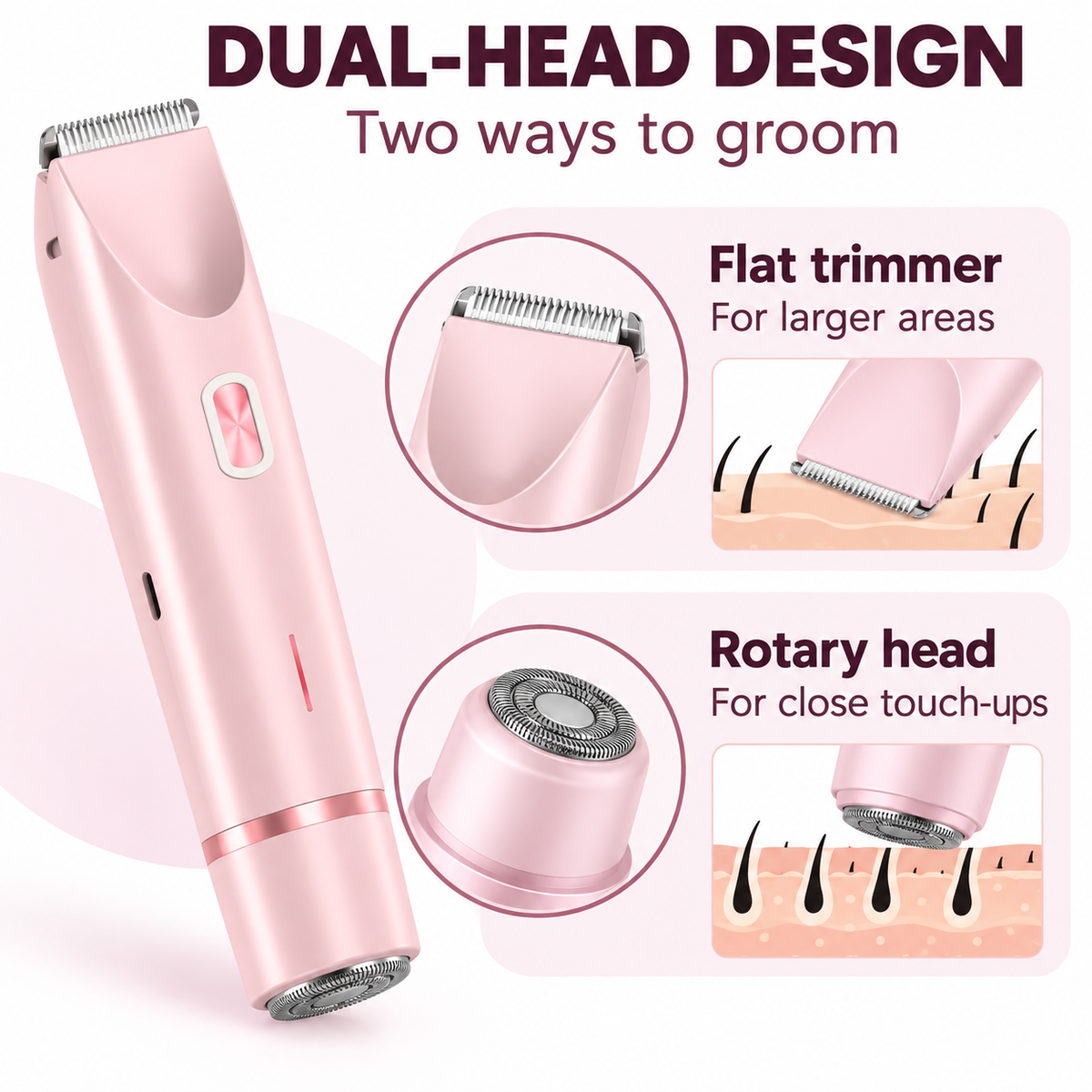 Close-up of the flat trimmer head and the rotary head on the Avelune shaver