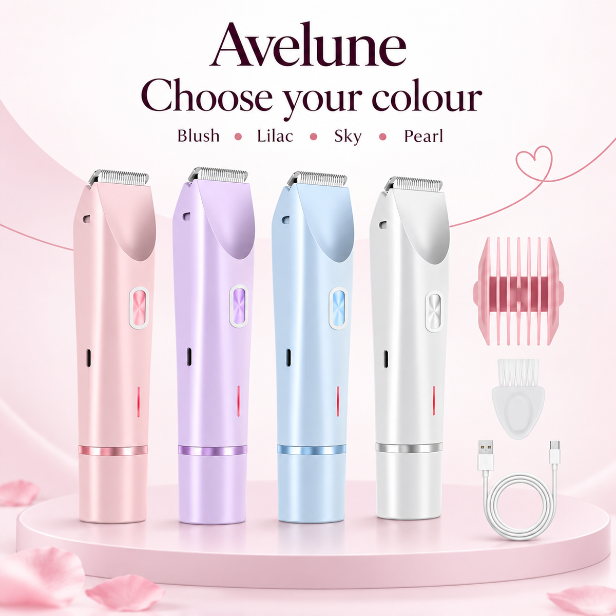 The Avelune shaver in Blush, Lilac, Sky and Pearl, shown with the comb guide, cleaning brush and USB-C cable