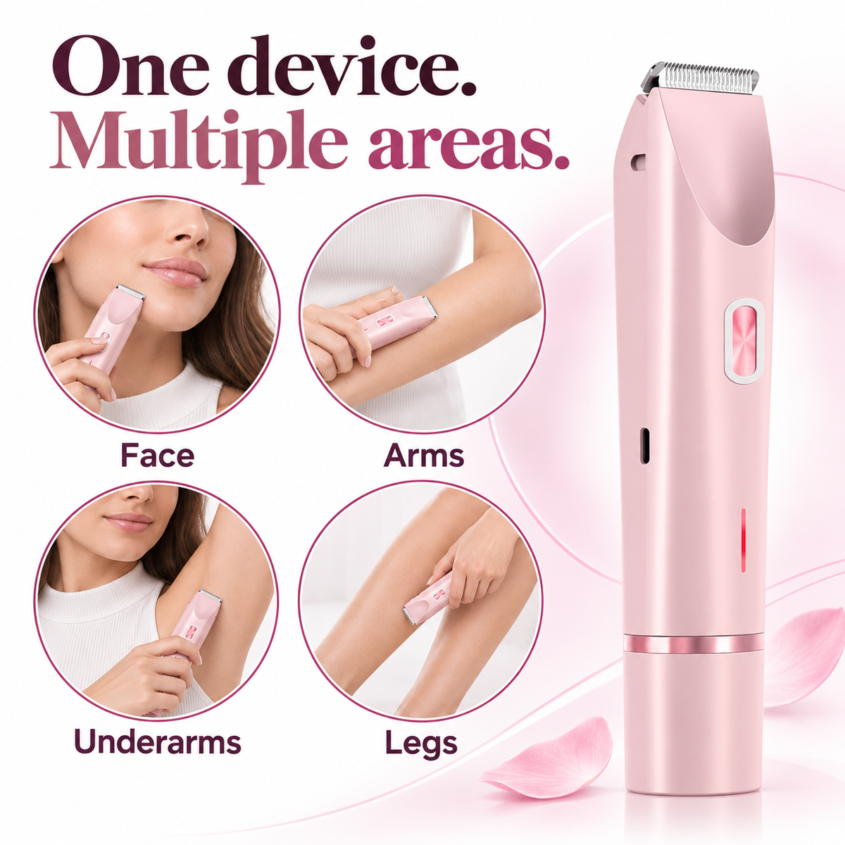 The Avelune shaver being used on the face, arms, underarms and legs