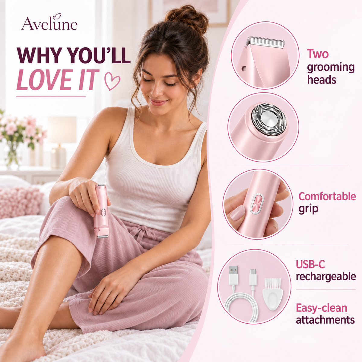 A woman using the Avelune shaver on her leg at home, with close-ups of the two heads, grip and USB-C cable